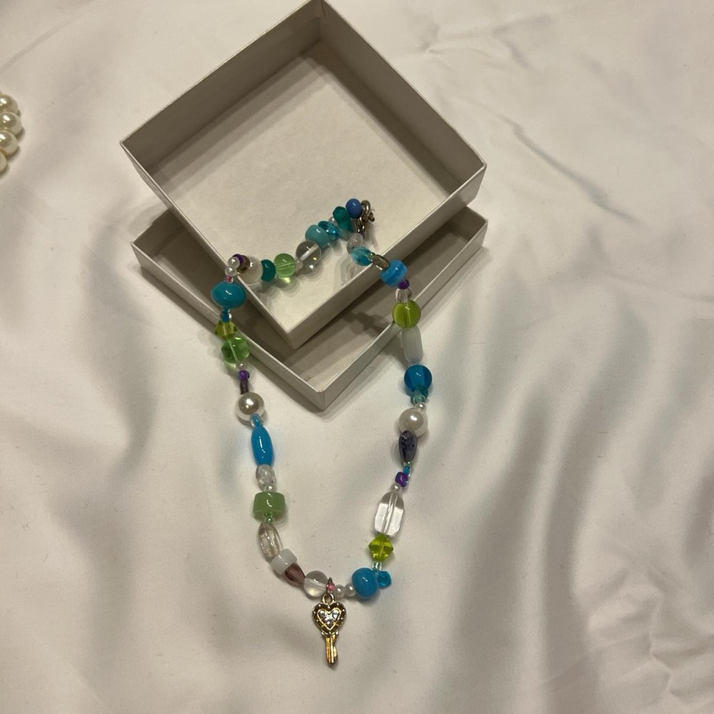 Blue and Green Bohemian Beaded Necklace with Pendant
